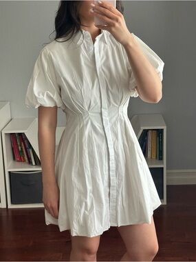 White Puff-Sleeve Mini Shirt Dress